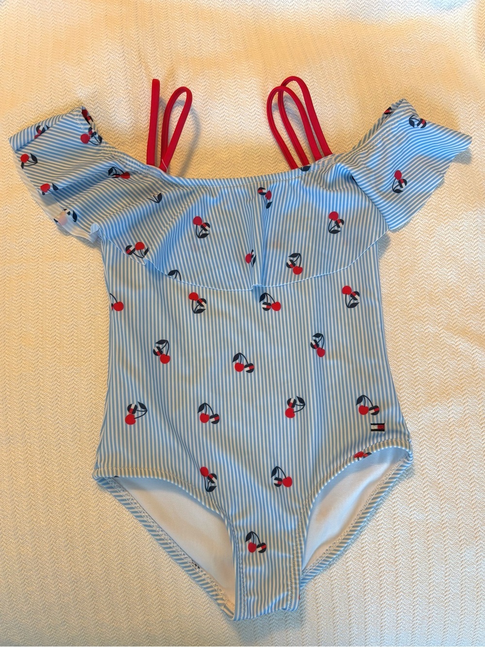 Tommy Hilfiger Girls Blue Stripe Swimsuit with Cherry Print size 5 NWOT
